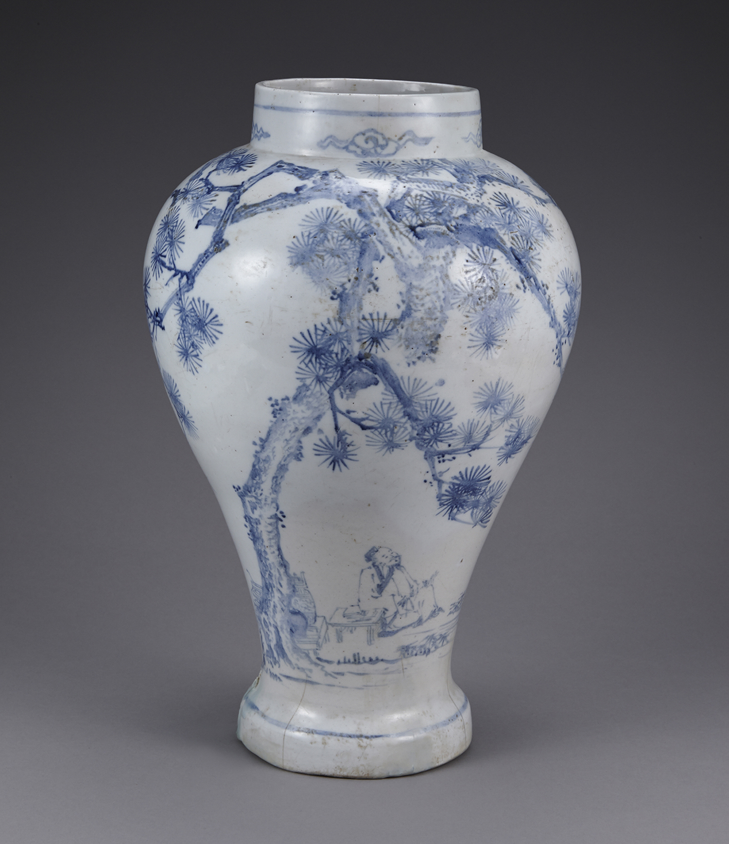 Jar with Pine Tree, Bamboo and Figure Design in Underglaze Blue