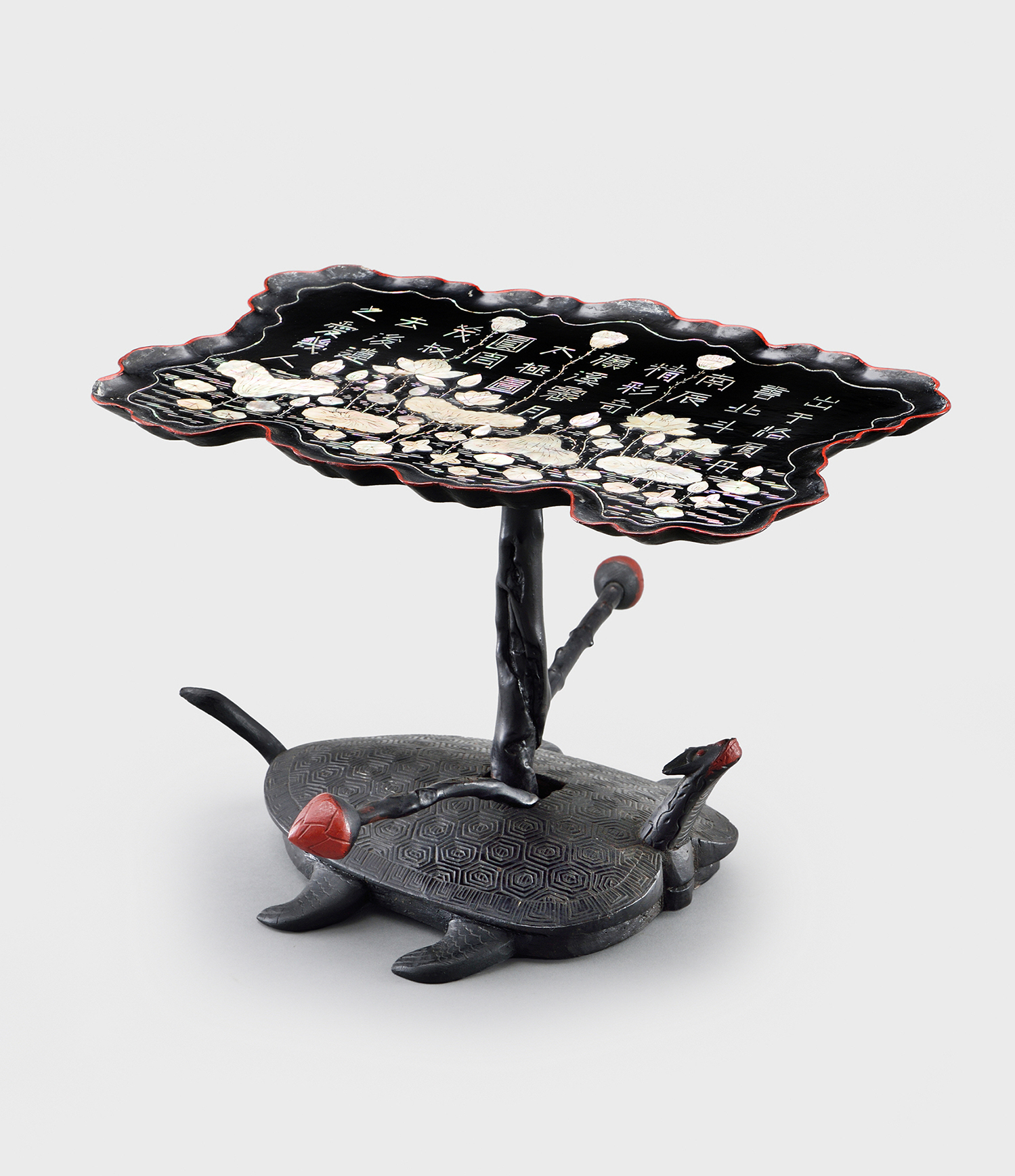 Lotus-shaped Table with a Turtle-shaped Pedestal and Lotus Pond Design in Mother-of-pearl Inlay