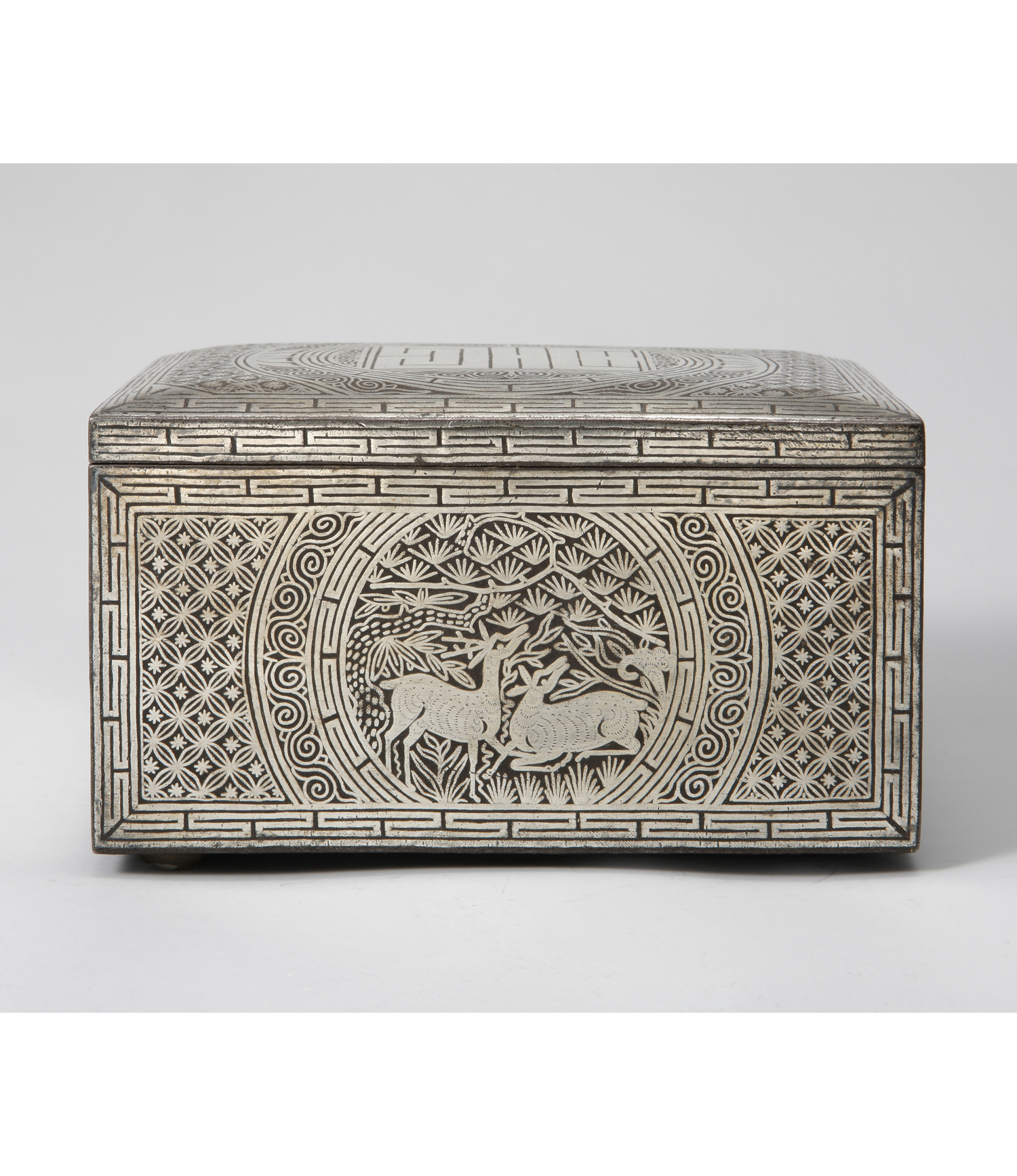 Tobacco Box with Ten Longevity Symbols Design in Silver Inlay